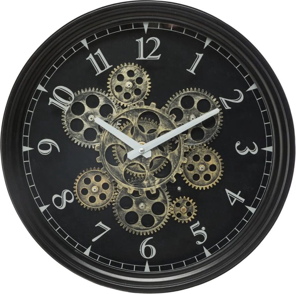 Black wall clock with visible gold-colored gears