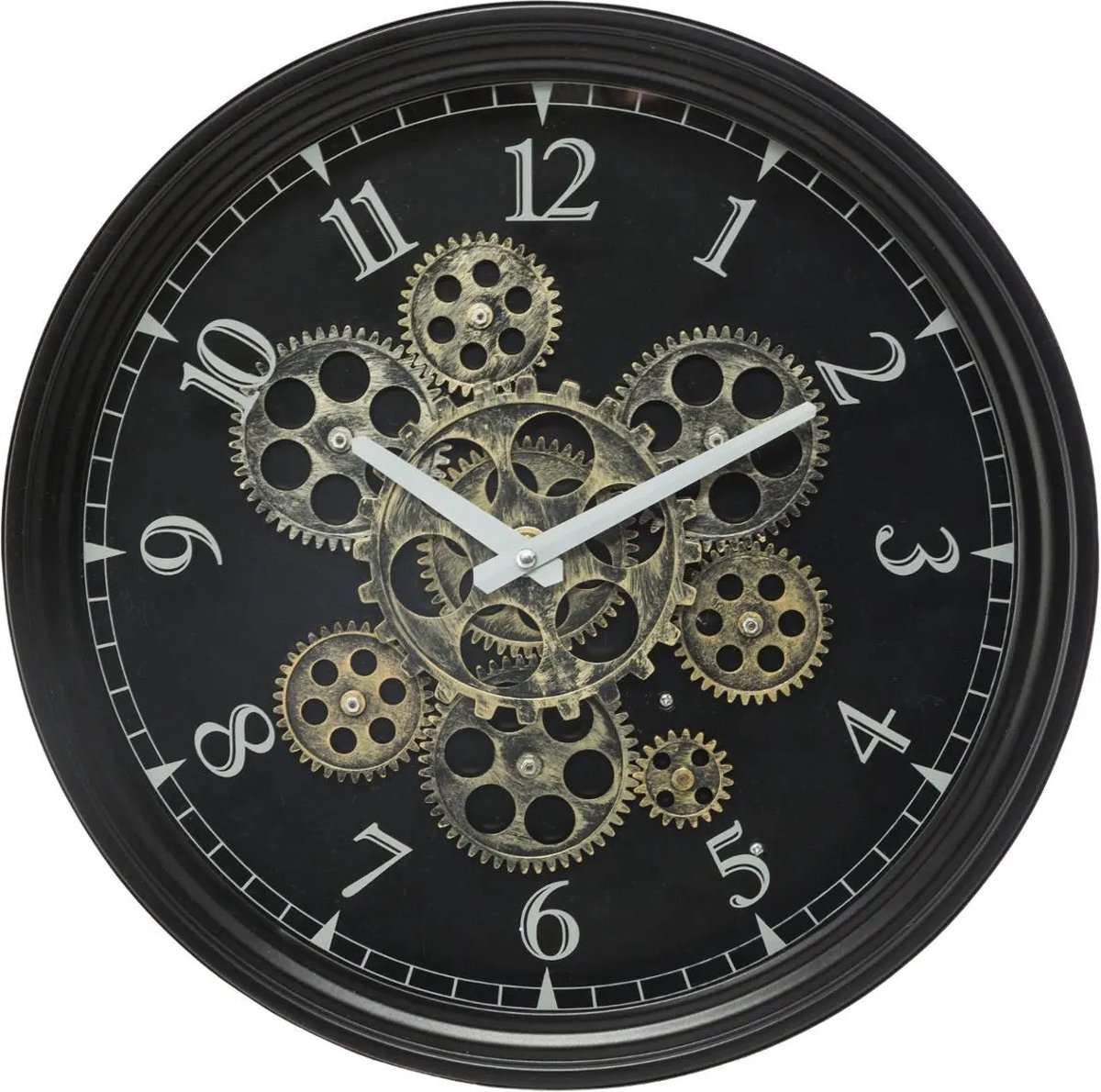 Black wall clock with visible gold-colored gears