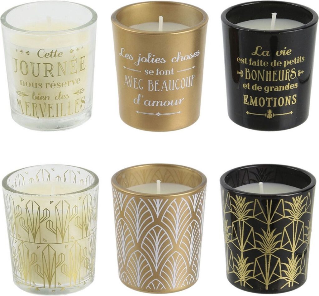Six decorative scented candles in glass holders