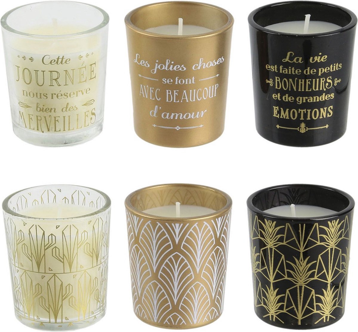Six decorative scented candles in glass holders