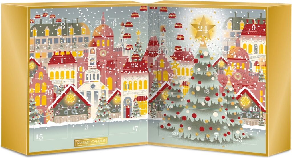 Luxury Yankee Candle Advent calendar featuring a snow-covered Christmas village