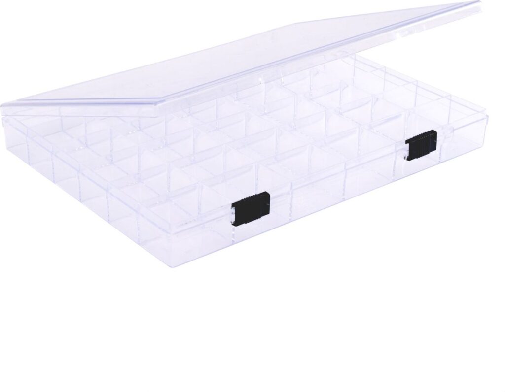 Transparent storage box with compartments and lid.