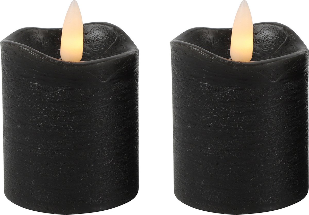 Two black LED pillar candles with flickering flames