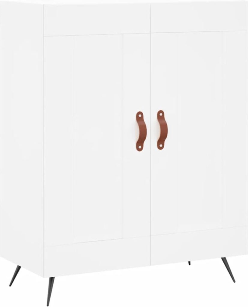 Armoire blanche avec des poignées marron et des pieds noirs