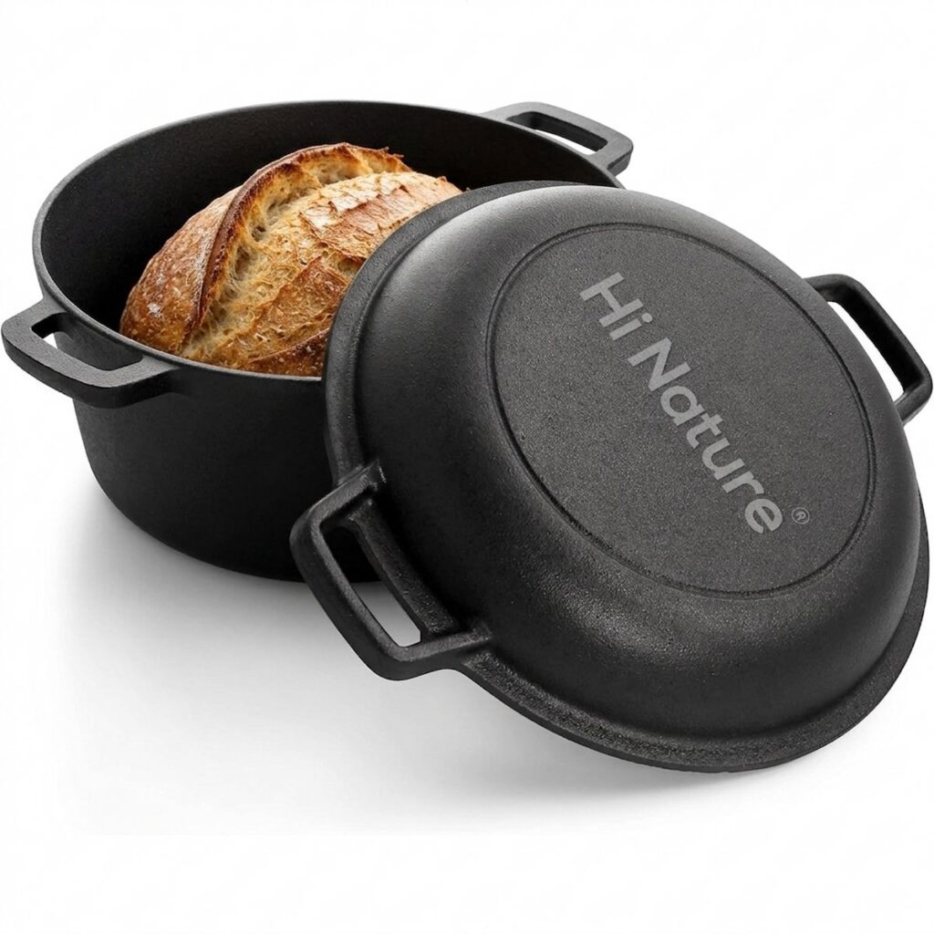 Zwarte gietijzeren braadpan met vers gebakken brood