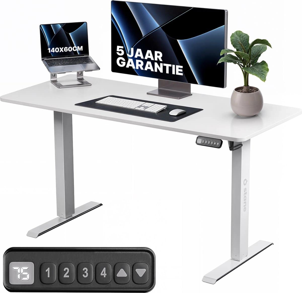 Adjustable desk with monitor, keyboard, and plant.