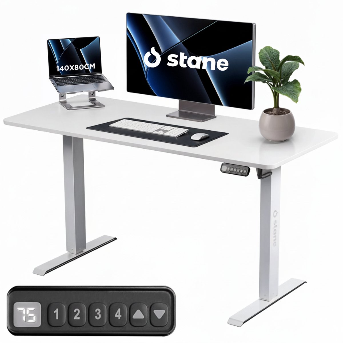 White adjustable desk with laptop and monitor.