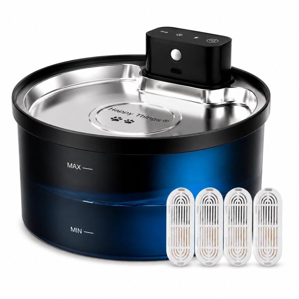 Zwarte automatische drinkfontein voor huisdieren met vier filters