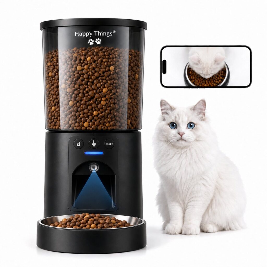 Automatische kattenvoerbak met camera naast witte kat