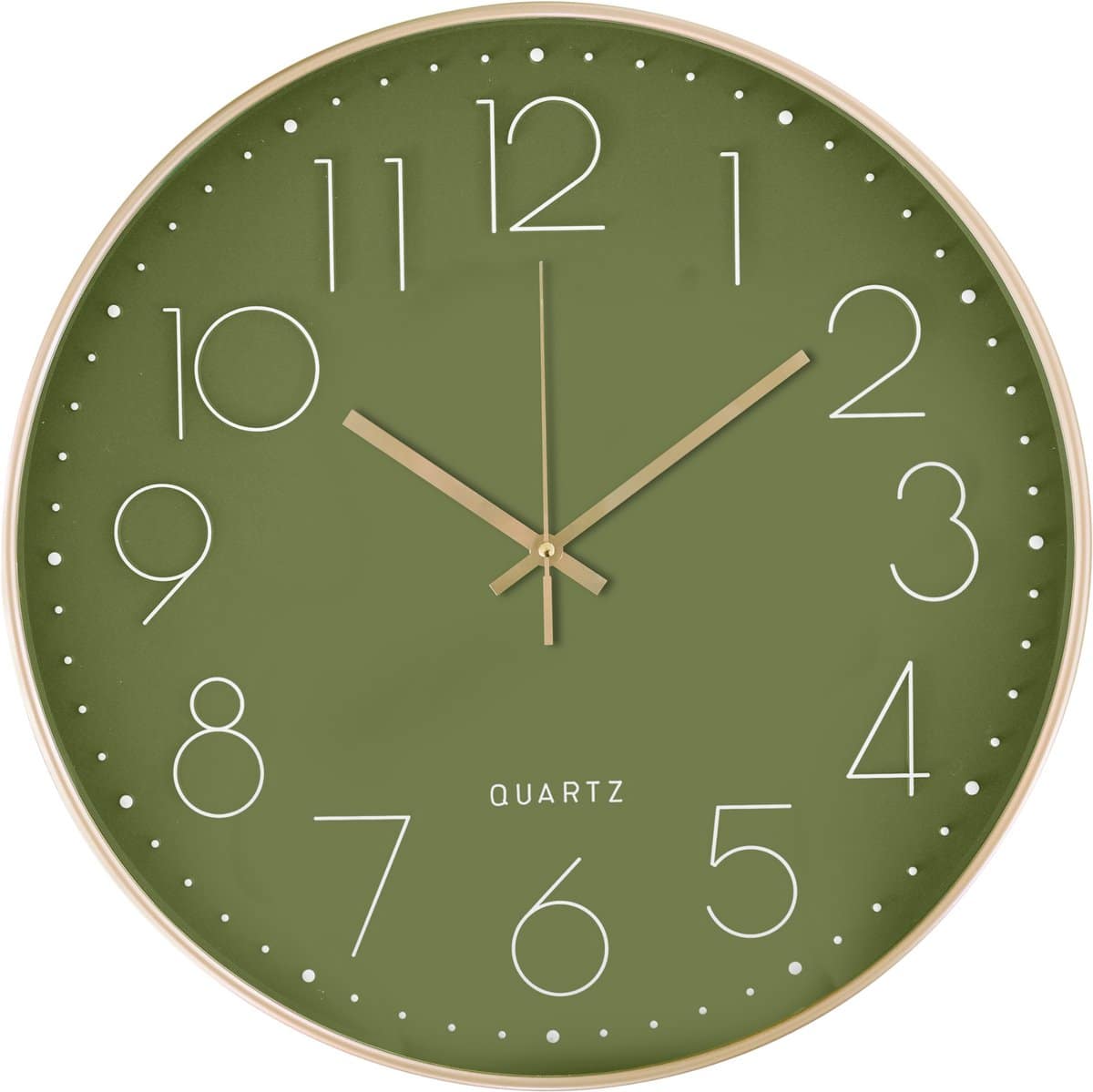 Green wall clock with white numerals on dial.