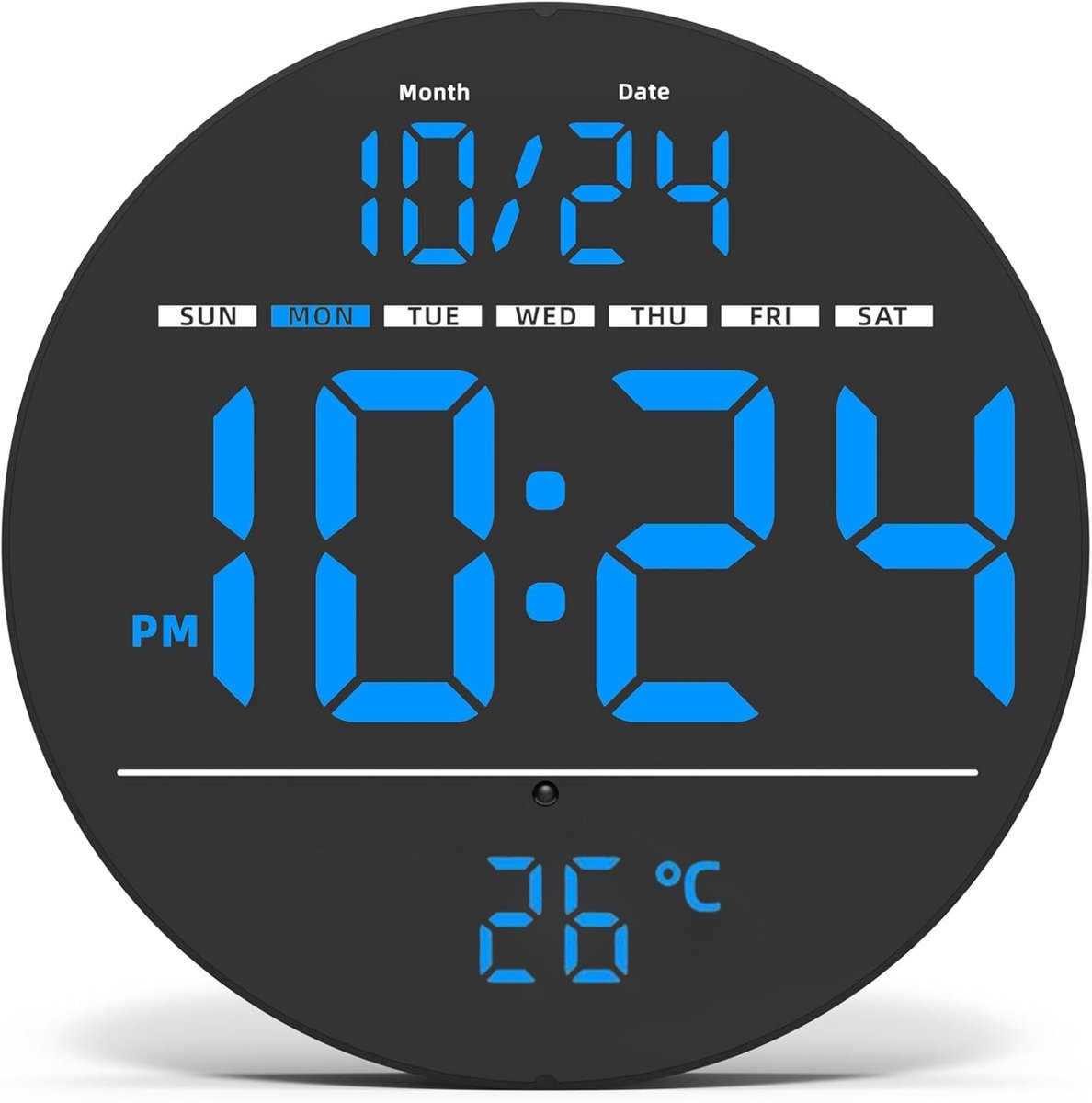 Round digital clock displaying time, date, and temperature