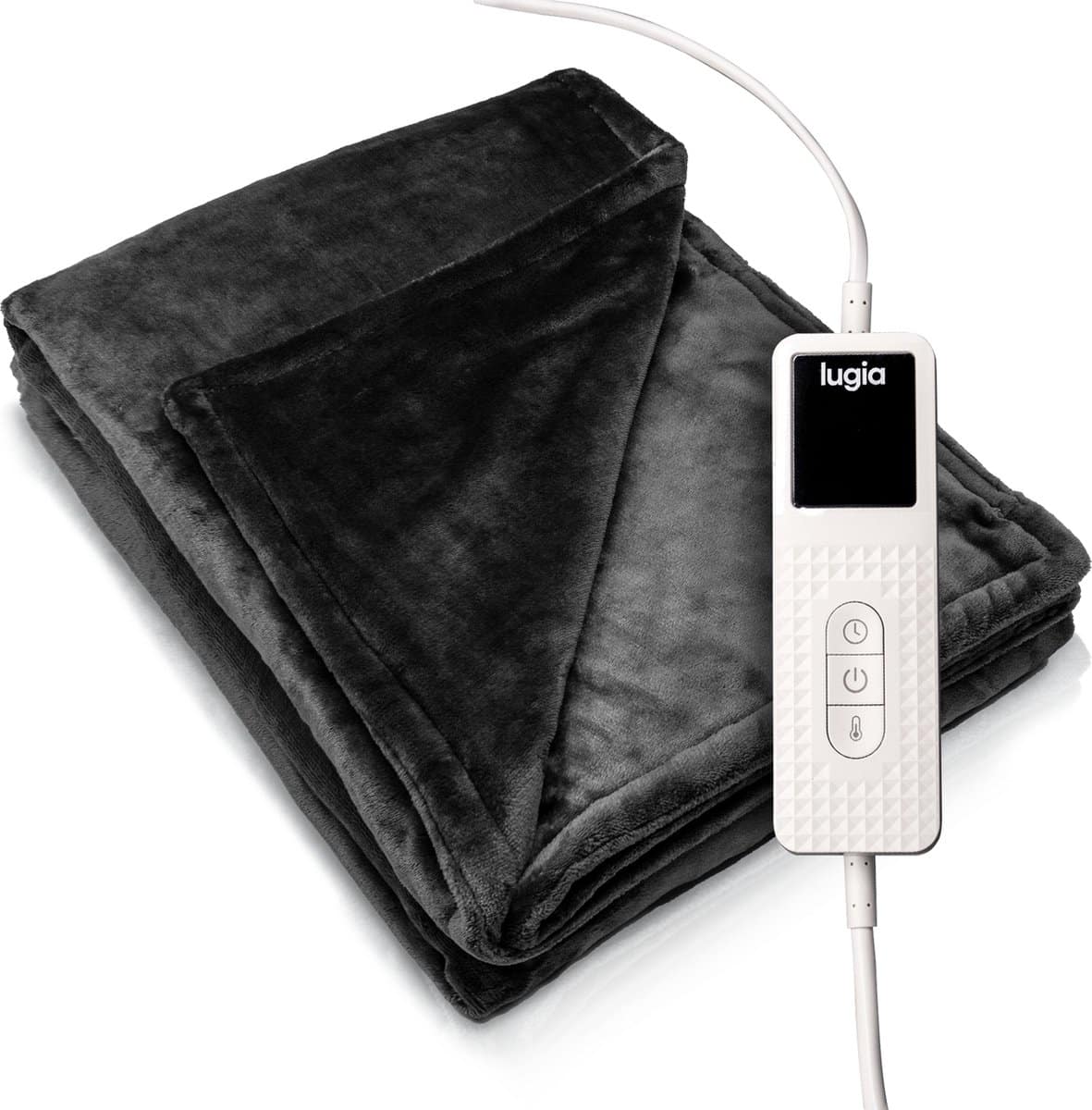 Black fleece blanket with control panel.