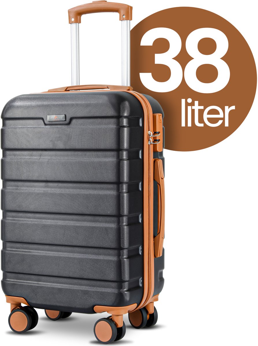 Black suitcase with a capacity of 38 liters and wheels.